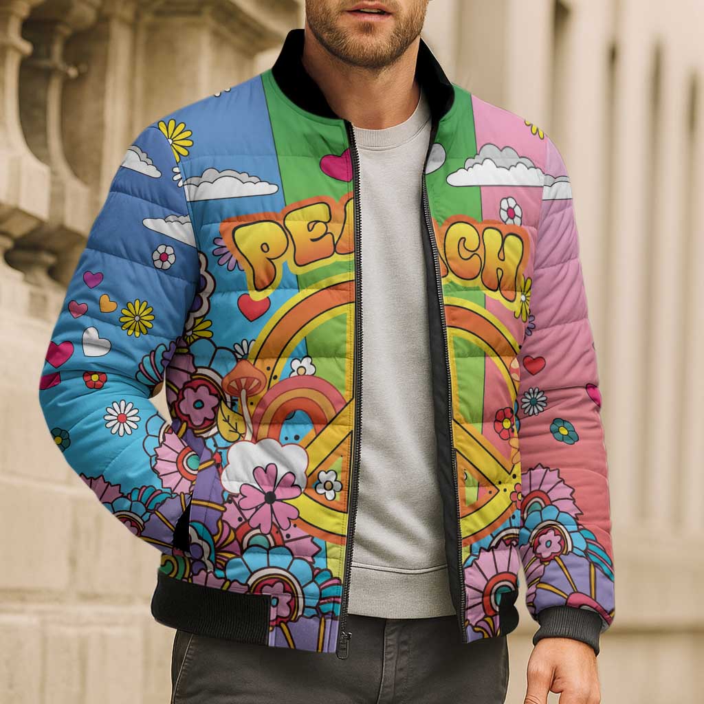 Hippie Peace Love Bomber Puffer Jacket Colorful Style - Wonder Print Shop