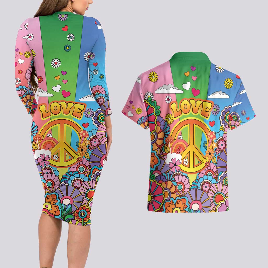Hippie Peace Love Couples Matching Long Sleeve Bodycon Dress and Hawaiian Shirt Colorful Style - Wonder Print Shop