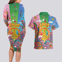 Hippie Peace Love Couples Matching Long Sleeve Bodycon Dress and Hawaiian Shirt Colorful Style - Wonder Print Shop