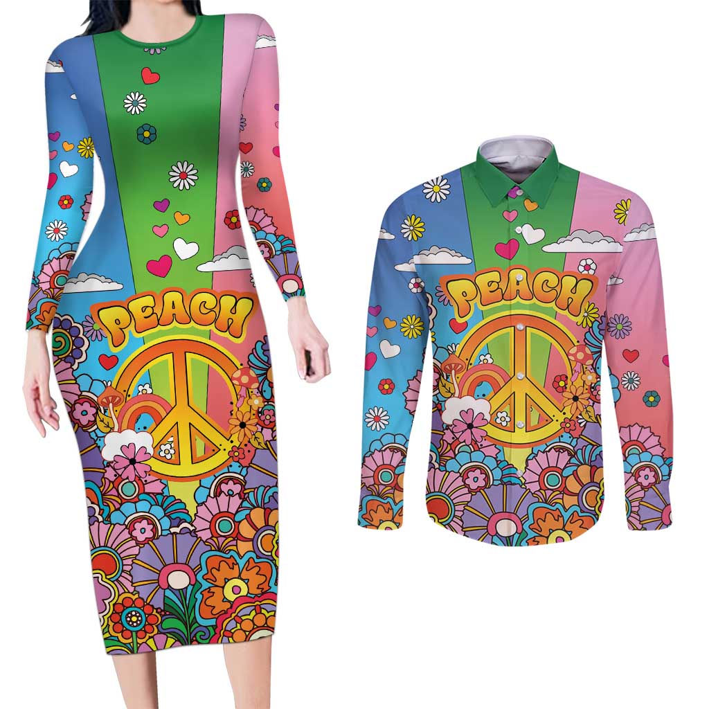 Hippie Peace Love Couples Matching Long Sleeve Bodycon Dress and Long Sleeve Button Shirt Colorful Style - Wonder Print Shop