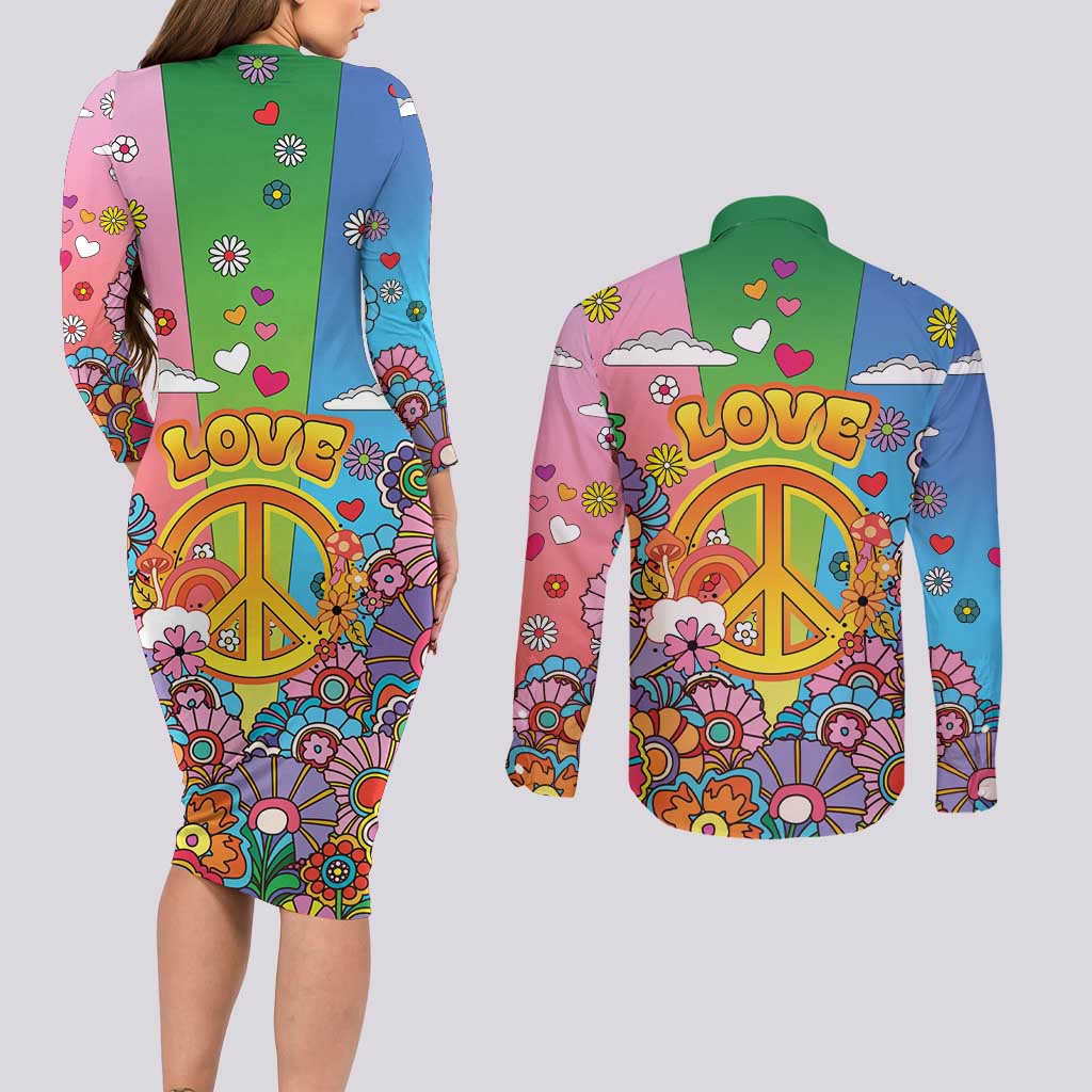 Hippie Peace Love Couples Matching Long Sleeve Bodycon Dress and Long Sleeve Button Shirt Colorful Style - Wonder Print Shop