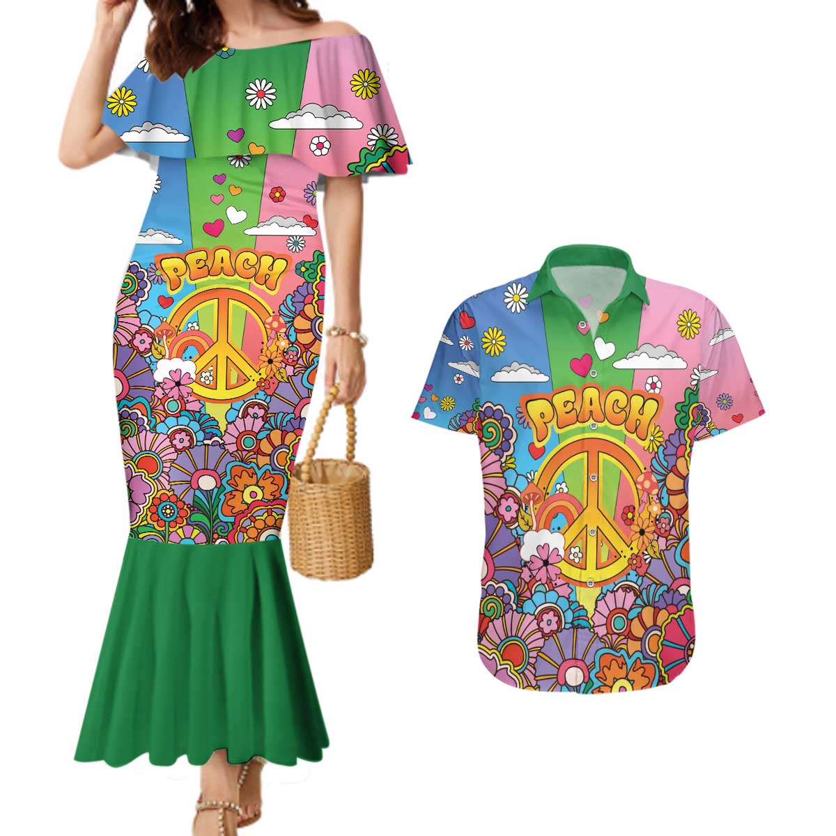 Hippie Peace Love Couples Matching Mermaid Dress and Hawaiian Shirt Colorful Style - Wonder Print Shop