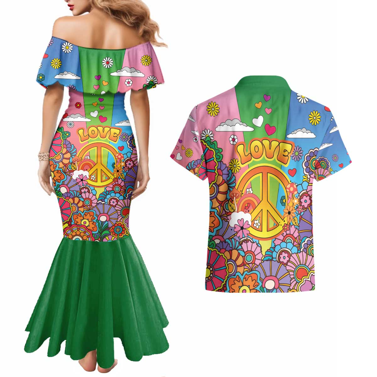 Hippie Peace Love Couples Matching Mermaid Dress and Hawaiian Shirt Colorful Style - Wonder Print Shop