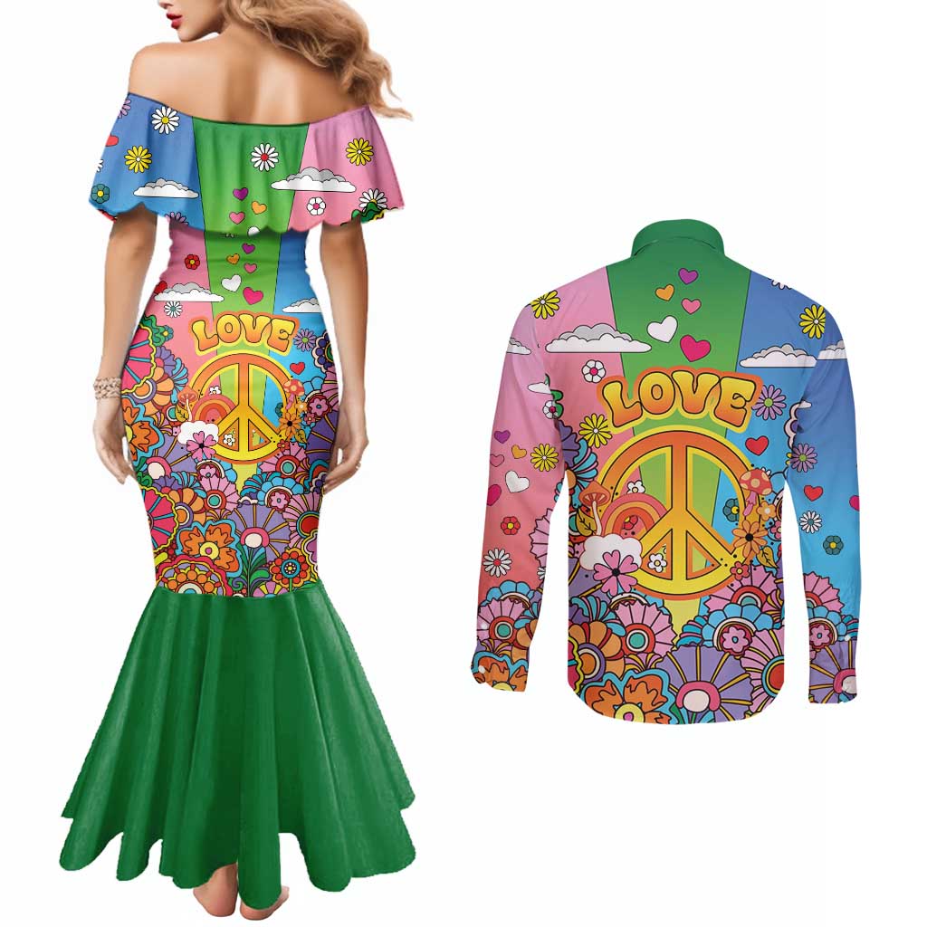 Hippie Peace Love Couples Matching Mermaid Dress and Long Sleeve Button Shirt Colorful Style - Wonder Print Shop