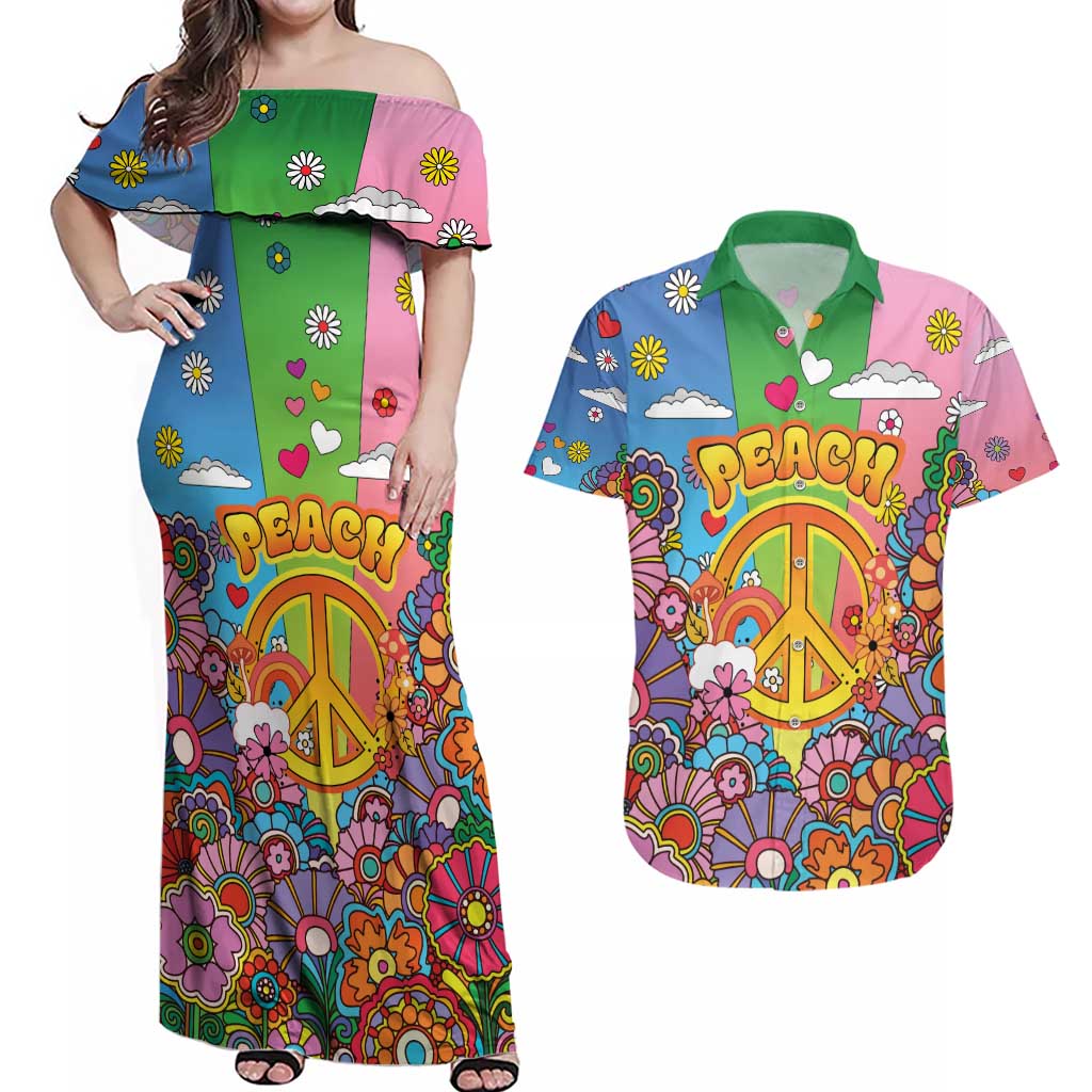 Hippie Peace Love Couples Matching Off Shoulder Maxi Dress and Hawaiian Shirt Colorful Style - Wonder Print Shop
