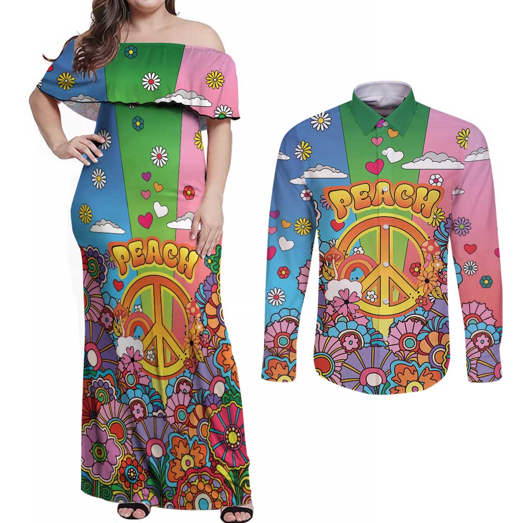 Hippie Peace Love Couples Matching Off Shoulder Maxi Dress and Long Sleeve Button Shirt Colorful Style - Wonder Print Shop