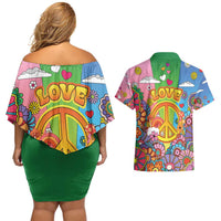 Hippie Peace Love Couples Matching Off Shoulder Short Dress and Hawaiian Shirt Colorful Style - Wonder Print Shop