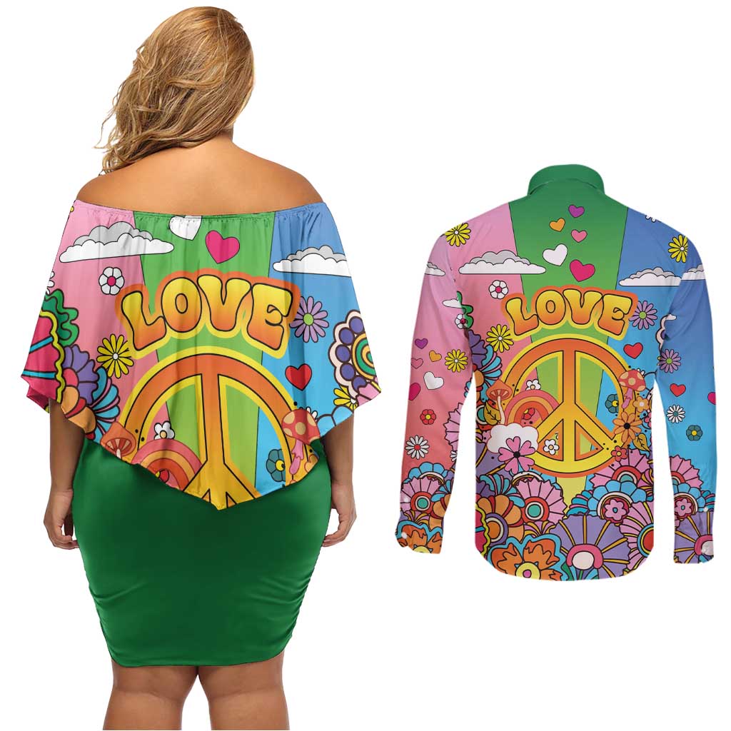 Hippie Peace Love Couples Matching Off Shoulder Short Dress and Long Sleeve Button Shirt Colorful Style - Wonder Print Shop