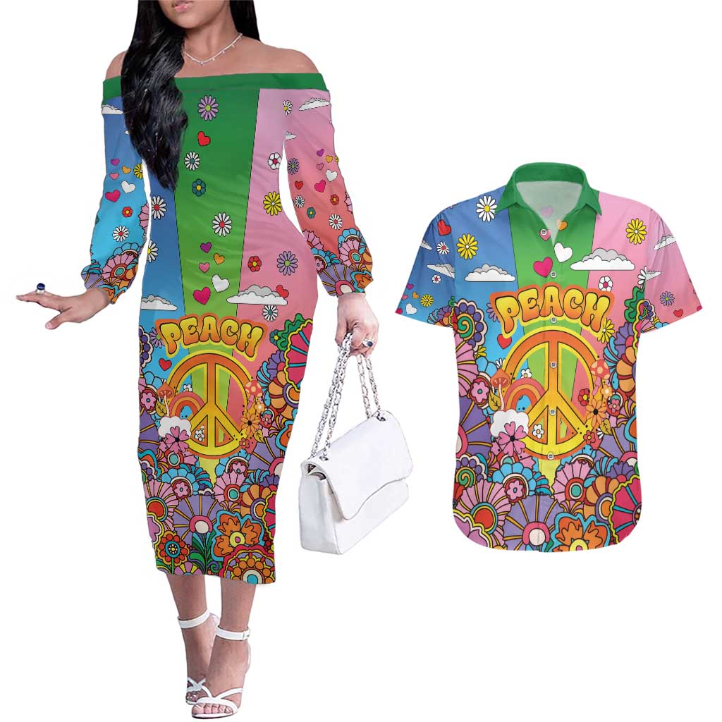 Hippie Peace Love Couples Matching Off The Shoulder Long Sleeve Dress and Hawaiian Shirt Colorful Style - Wonder Print Shop