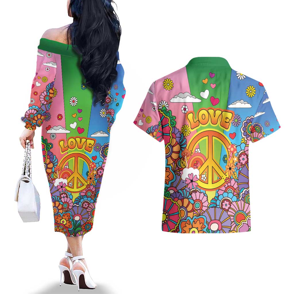 Hippie Peace Love Couples Matching Off The Shoulder Long Sleeve Dress and Hawaiian Shirt Colorful Style - Wonder Print Shop