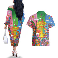 Hippie Peace Love Couples Matching Off The Shoulder Long Sleeve Dress and Hawaiian Shirt Colorful Style - Wonder Print Shop