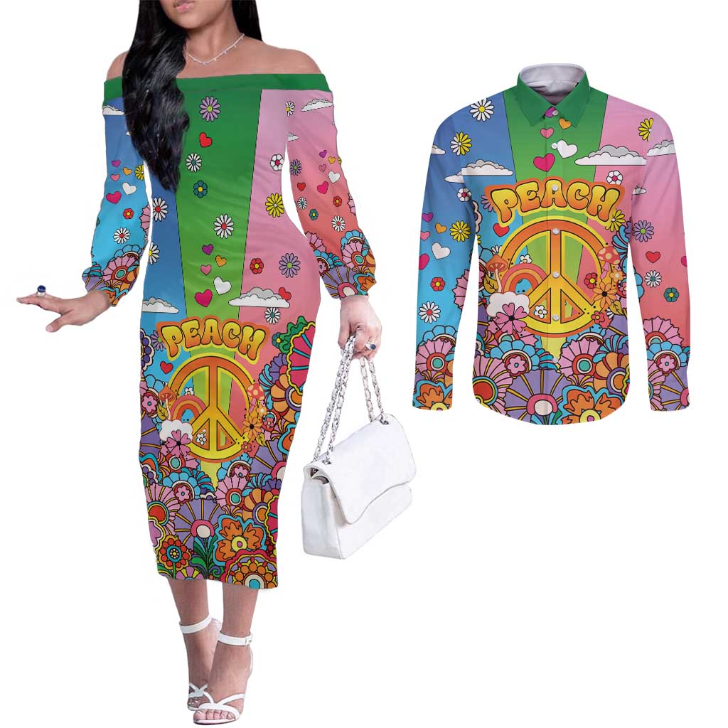 Hippie Peace Love Couples Matching Off The Shoulder Long Sleeve Dress and Long Sleeve Button Shirt Colorful Style - Wonder Print Shop