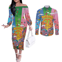 Hippie Peace Love Couples Matching Off The Shoulder Long Sleeve Dress and Long Sleeve Button Shirt Colorful Style - Wonder Print Shop