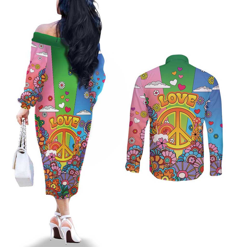 Hippie Peace Love Couples Matching Off The Shoulder Long Sleeve Dress and Long Sleeve Button Shirt Colorful Style - Wonder Print Shop