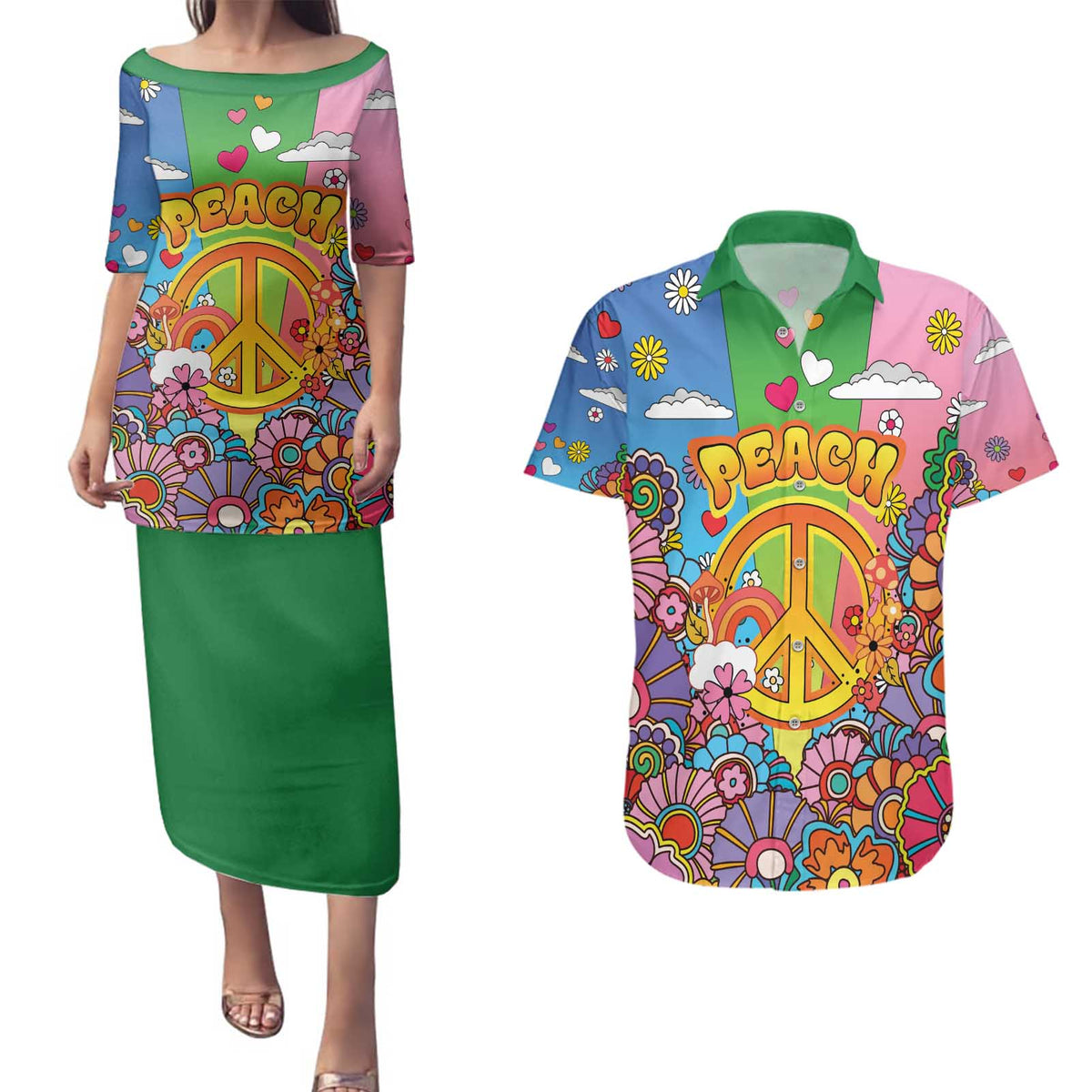 Hippie Peace Love Couples Matching Puletasi and Hawaiian Shirt Colorful Style - Wonder Print Shop