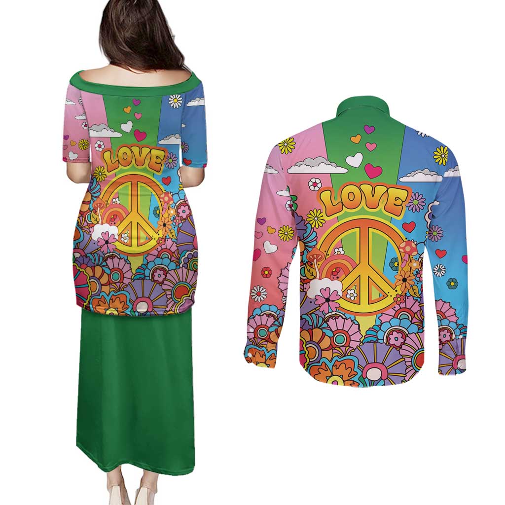 Hippie Peace Love Couples Matching Puletasi and Long Sleeve Button Shirt Colorful Style - Wonder Print Shop