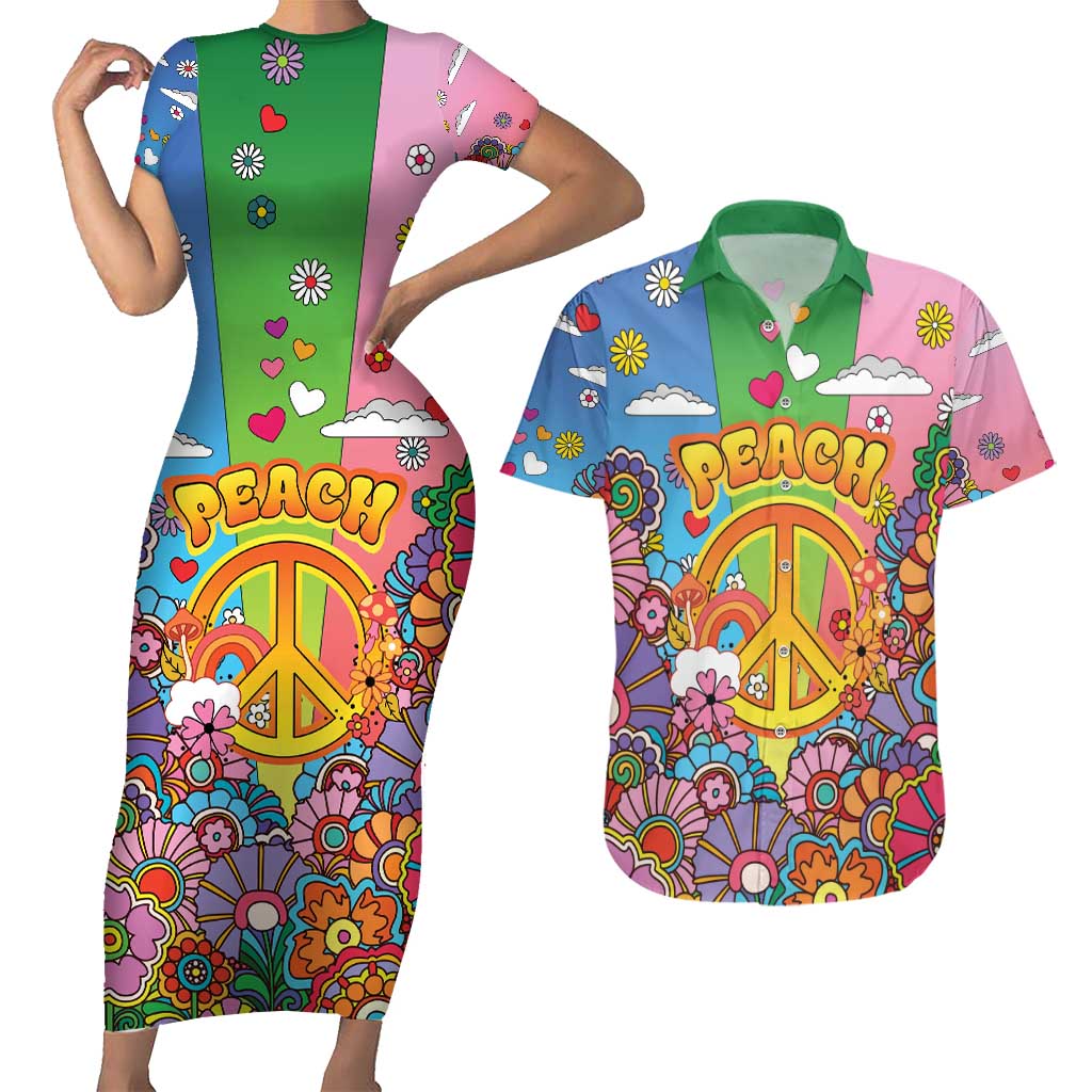 Hippie Peace Love Couples Matching Short Sleeve Bodycon Dress and Hawaiian Shirt Colorful Style - Wonder Print Shop