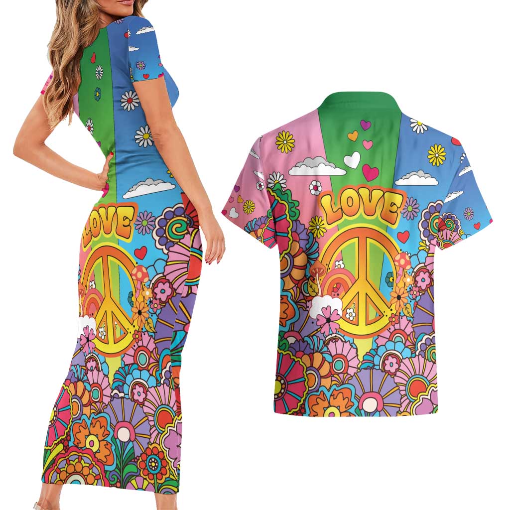 Hippie Peace Love Couples Matching Short Sleeve Bodycon Dress and Hawaiian Shirt Colorful Style - Wonder Print Shop