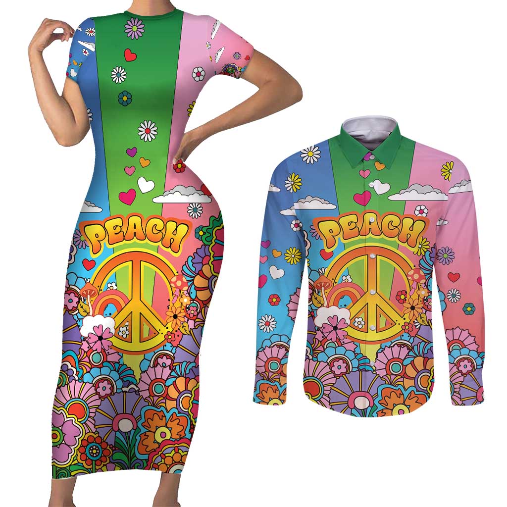 Hippie Peace Love Couples Matching Short Sleeve Bodycon Dress and Long Sleeve Button Shirt Colorful Style - Wonder Print Shop