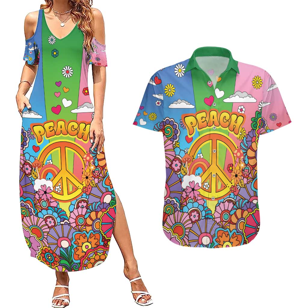 Hippie Peace Love Couples Matching Summer Maxi Dress and Hawaiian Shirt Colorful Style - Wonder Print Shop