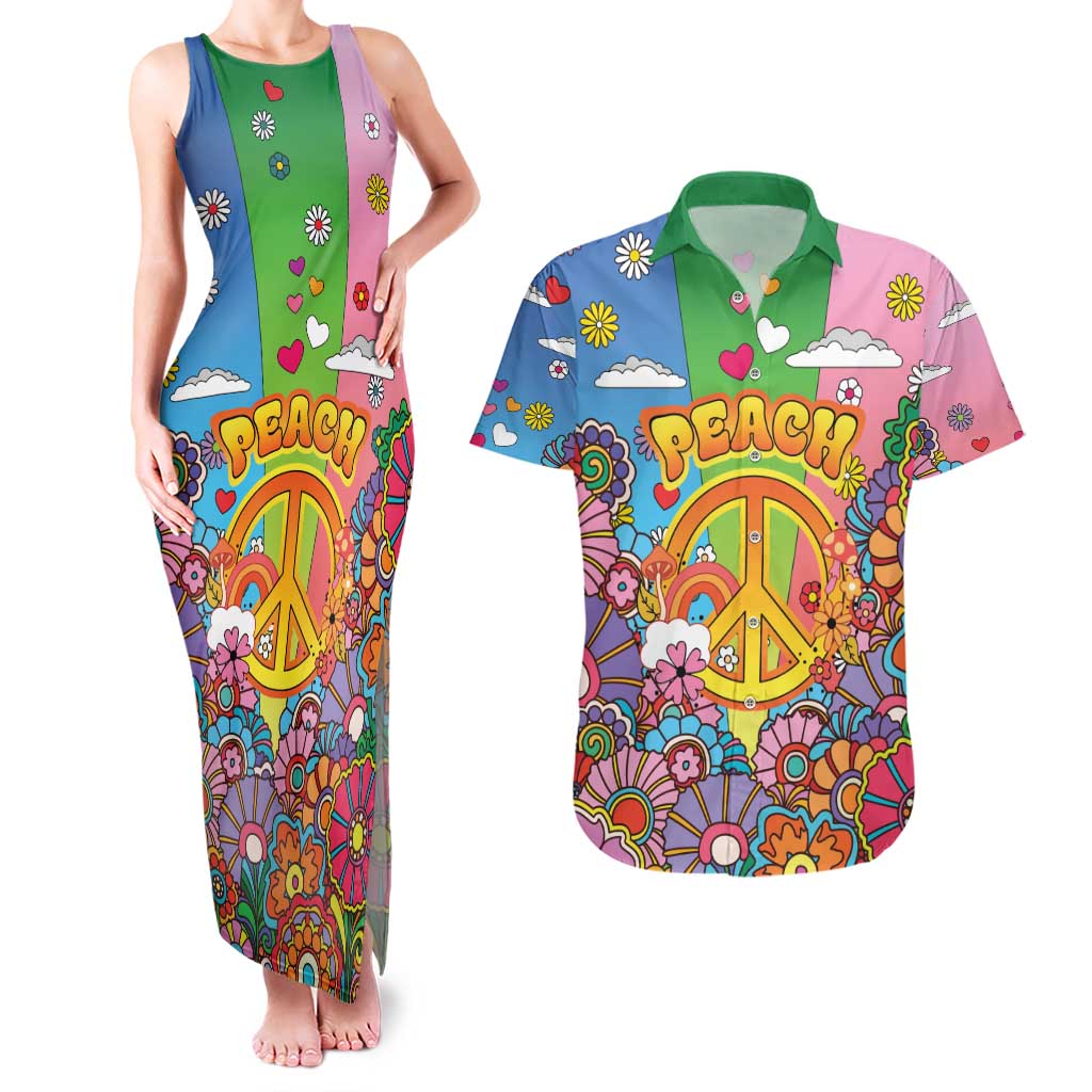 Hippie Peace Love Couples Matching Tank Maxi Dress and Hawaiian Shirt Colorful Style - Wonder Print Shop