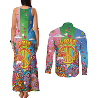 Hippie Peace Love Couples Matching Tank Maxi Dress and Long Sleeve Button Shirt Colorful Style - Wonder Print Shop