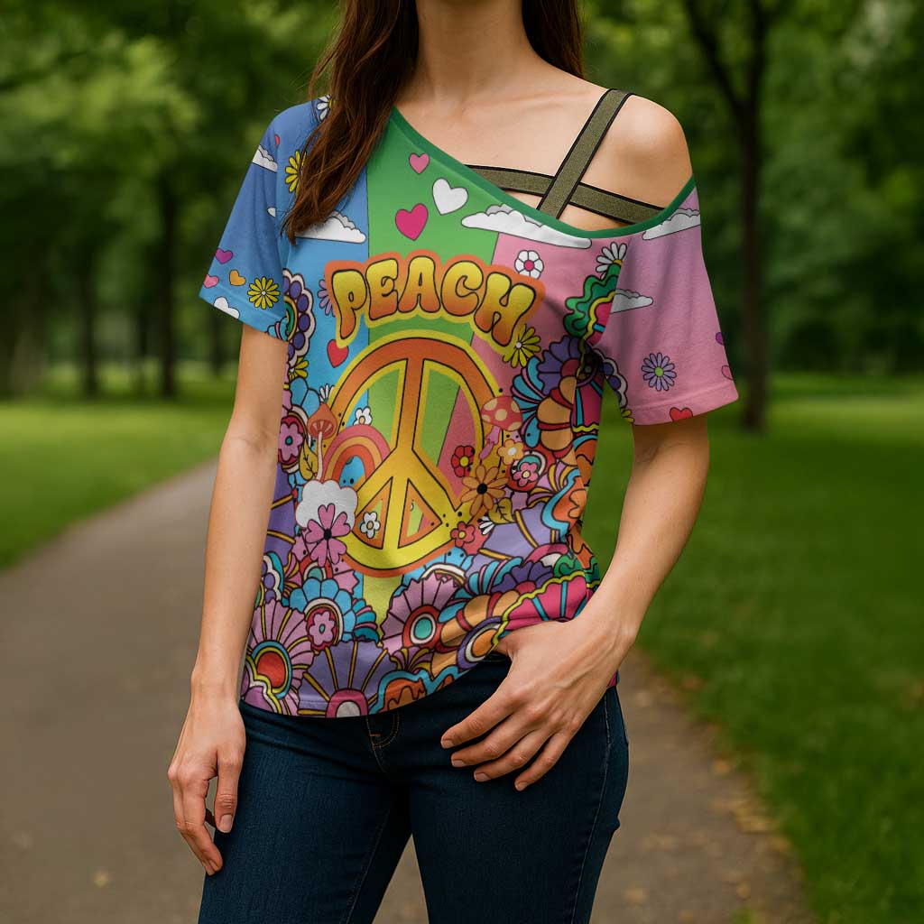 Hippie Peace Love Cross Shoulder Shirt Colorful Style - Wonder Print Shop