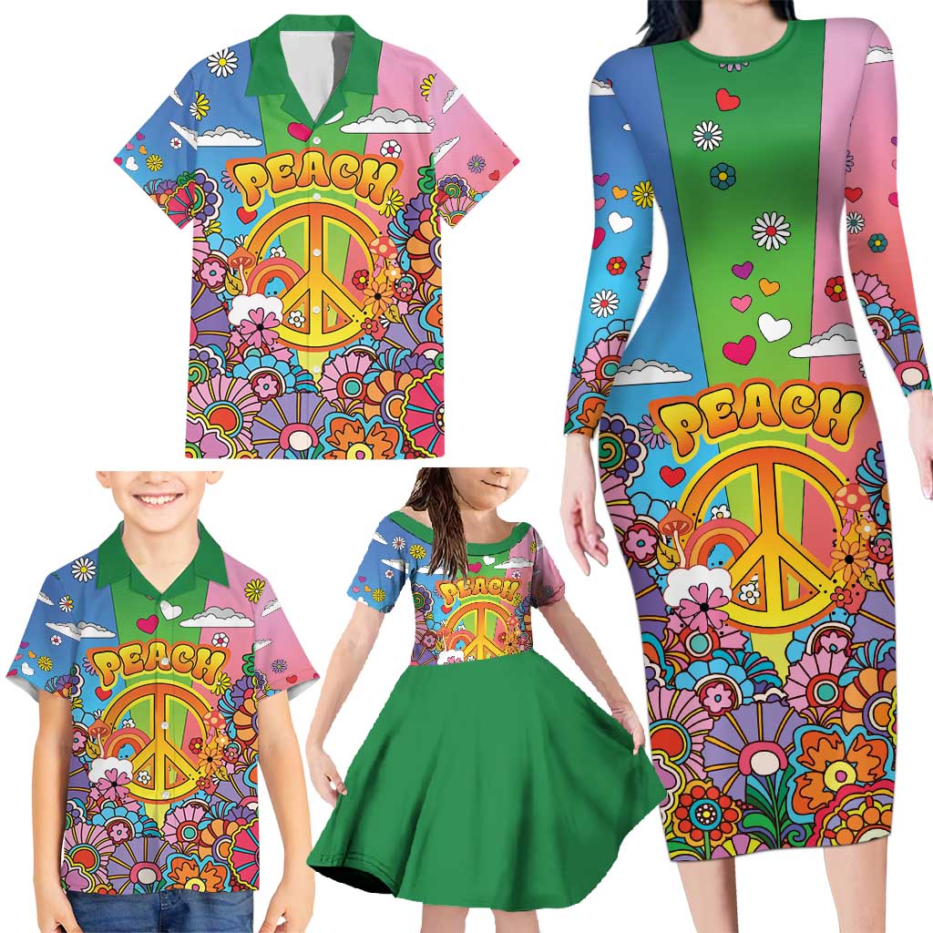 Hippie Peace Love Family Matching Long Sleeve Bodycon Dress and Hawaiian Shirt Colorful Style - Wonder Print Shop