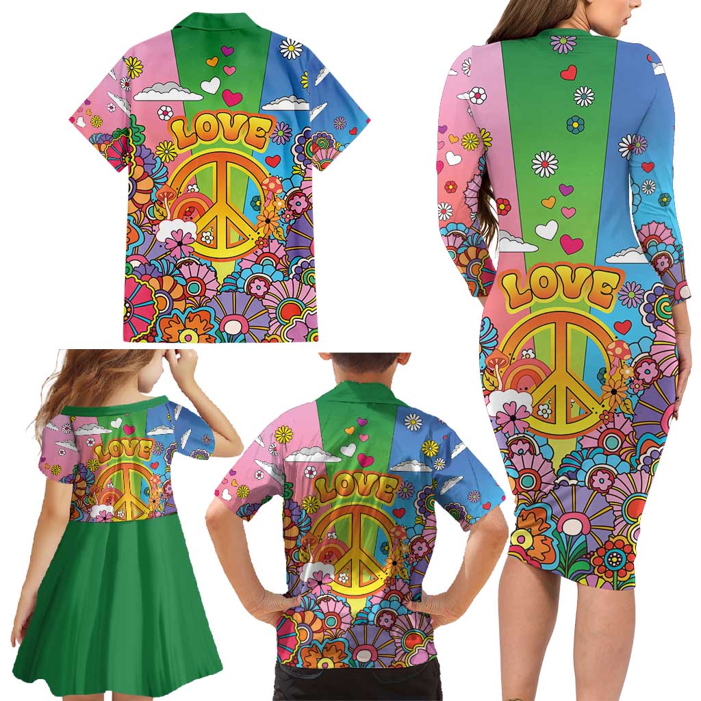 Hippie Peace Love Family Matching Long Sleeve Bodycon Dress and Hawaiian Shirt Colorful Style - Wonder Print Shop