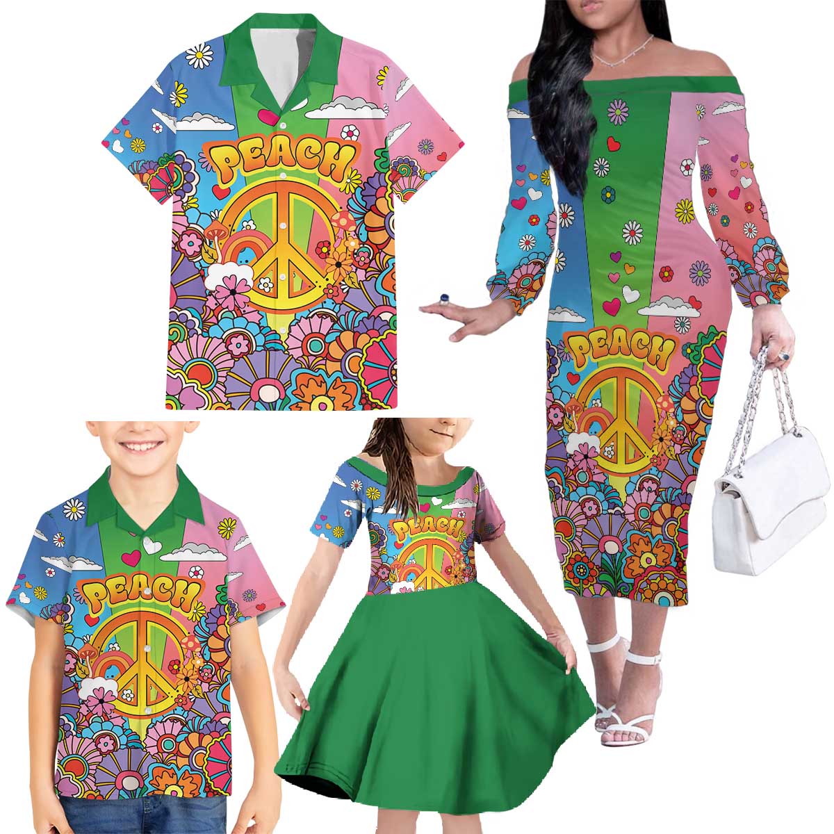 Hippie Peace Love Family Matching Off The Shoulder Long Sleeve Dress and Hawaiian Shirt Colorful Style - Wonder Print Shop