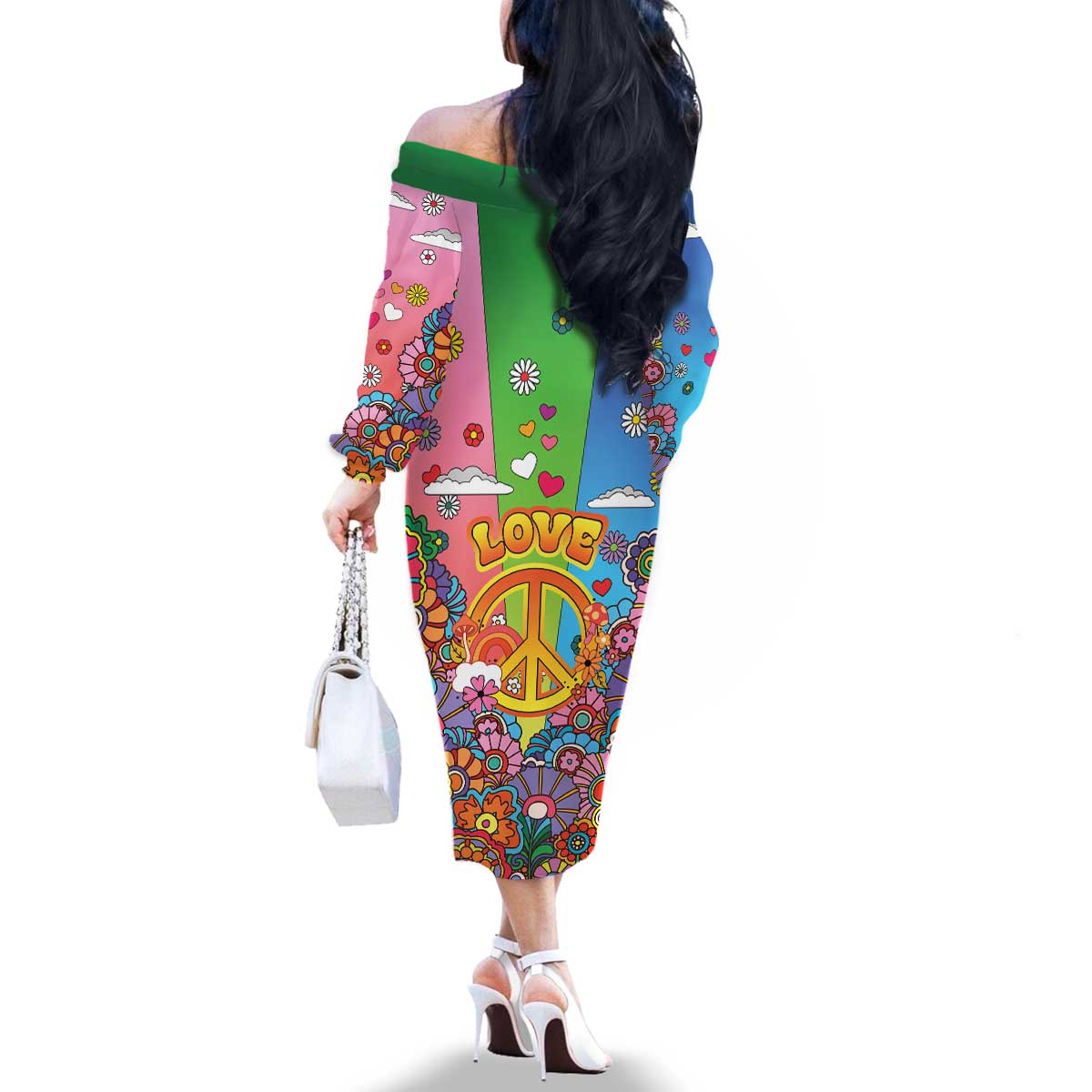 Hippie Peace Love Family Matching Off The Shoulder Long Sleeve Dress and Hawaiian Shirt Colorful Style - Wonder Print Shop