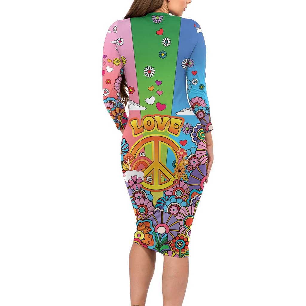 Hippie Peace Love Long Sleeve Bodycon Dress Colorful Style - Wonder Print Shop