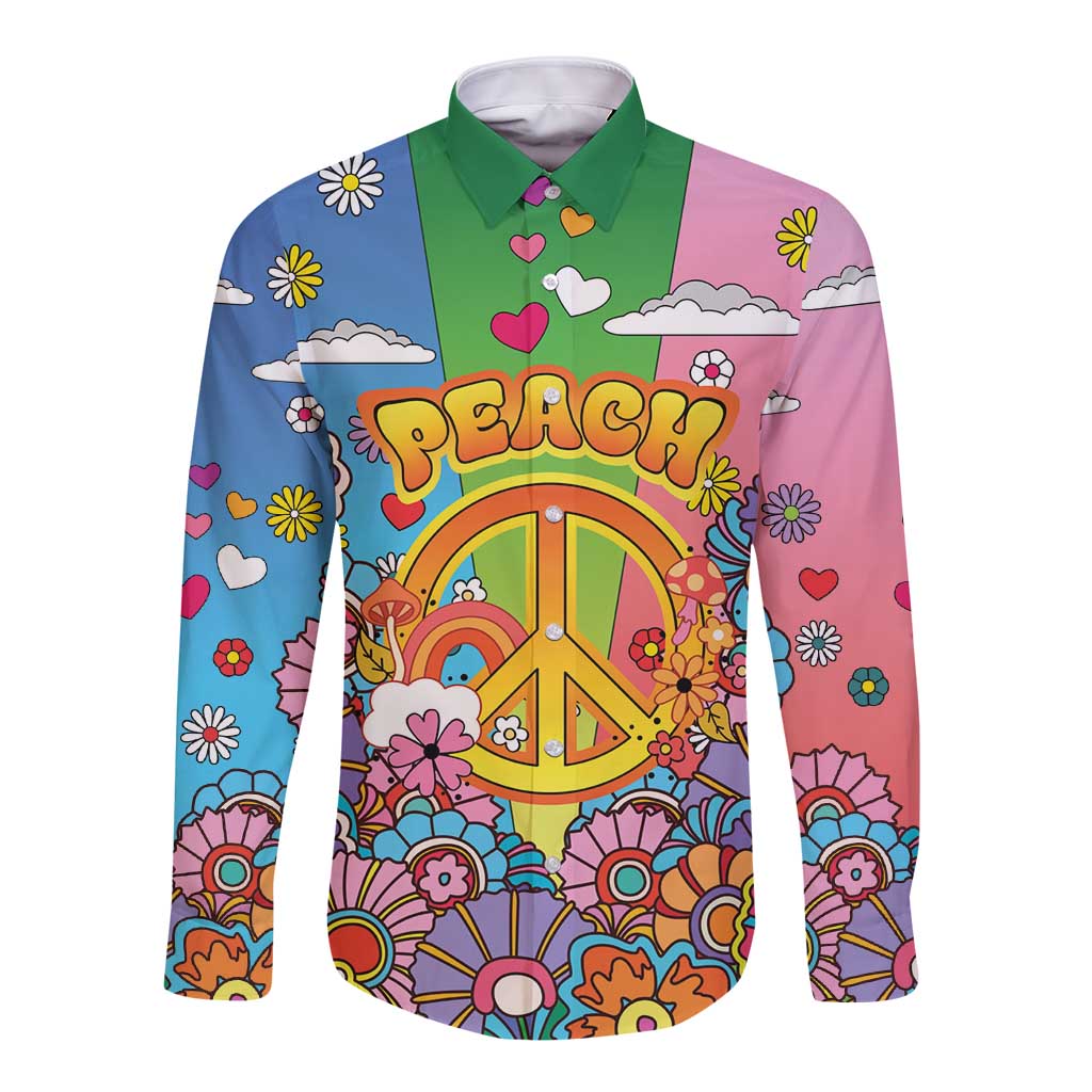 Hippie Peace Love Long Sleeve Button Shirt Colorful Style - Wonder Print Shop