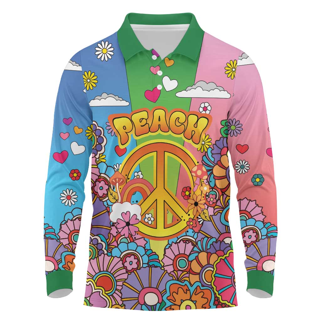 Hippie Peace Love Long Sleeve Polo Shirt Colorful Style - Wonder Print Shop