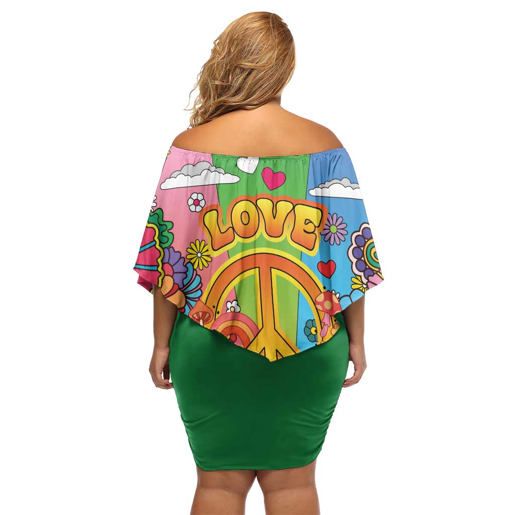 Hippie Peace Love Off Shoulder Short Dress Colorful Style - Wonder Print Shop