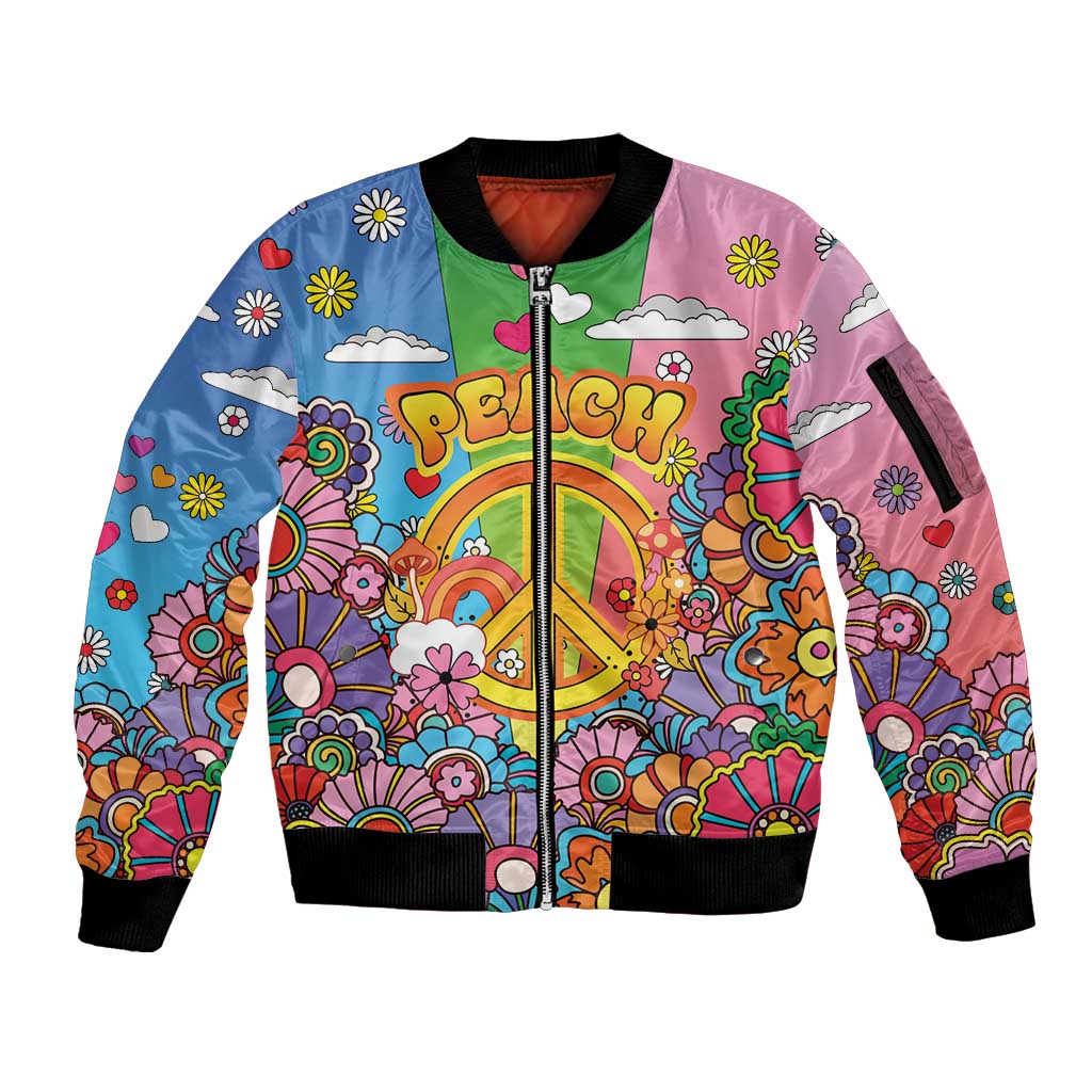 Hippie Peace Love Sleeve Zip Bomber Jacket Colorful Style - Wonder Print Shop