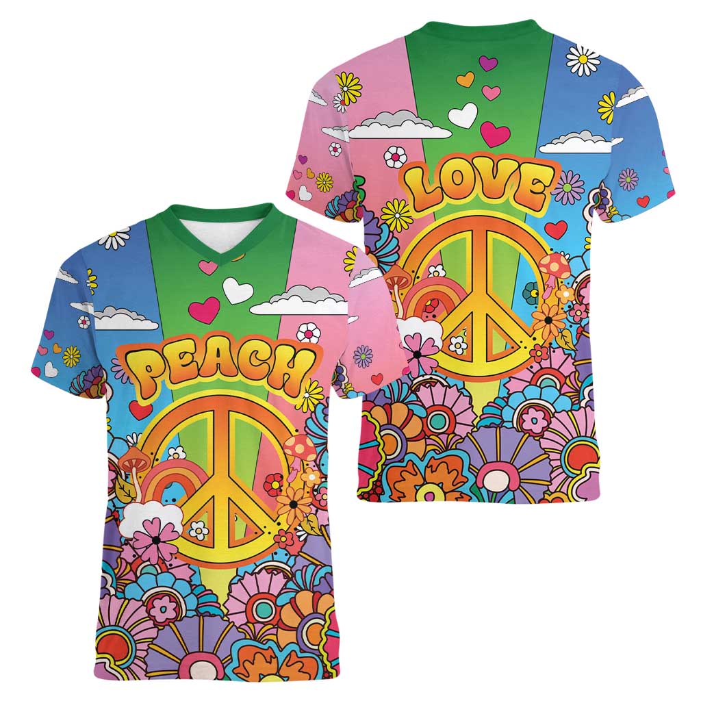 Hippie Peace Love Women V-Neck T-Shirt Colorful Style - Wonder Print Shop
