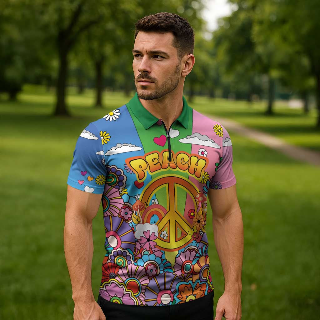 Hippie Peace Love Zipper Polo Shirt Colorful Style - Wonder Print Shop