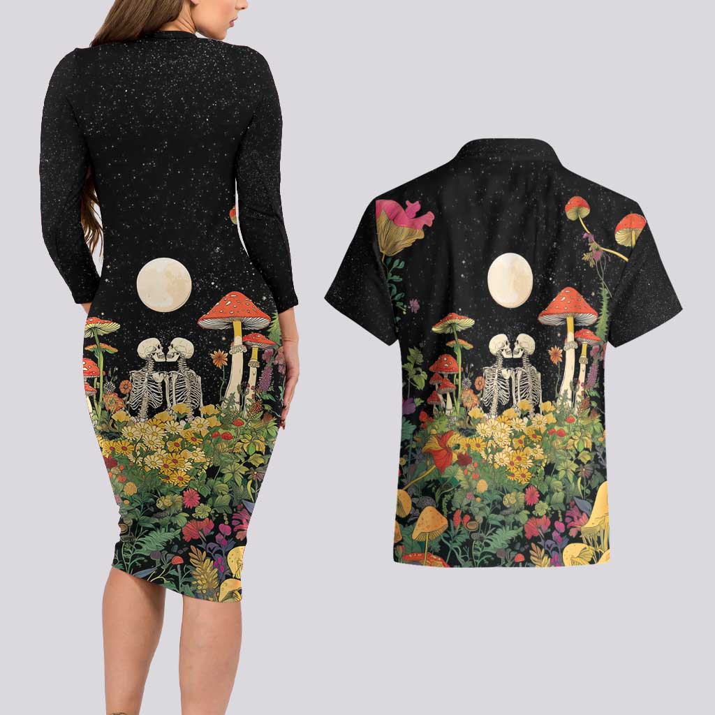 Skeleton Lovers Couples Matching Long Sleeve Bodycon Dress and Hawaiian Shirt Hippie Gothic Aesthetic - Wonder Print Shop