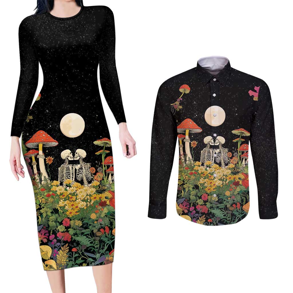 Skeleton Lovers Couples Matching Long Sleeve Bodycon Dress and Long Sleeve Button Shirt Hippie Gothic Aesthetic - Wonder Print Shop