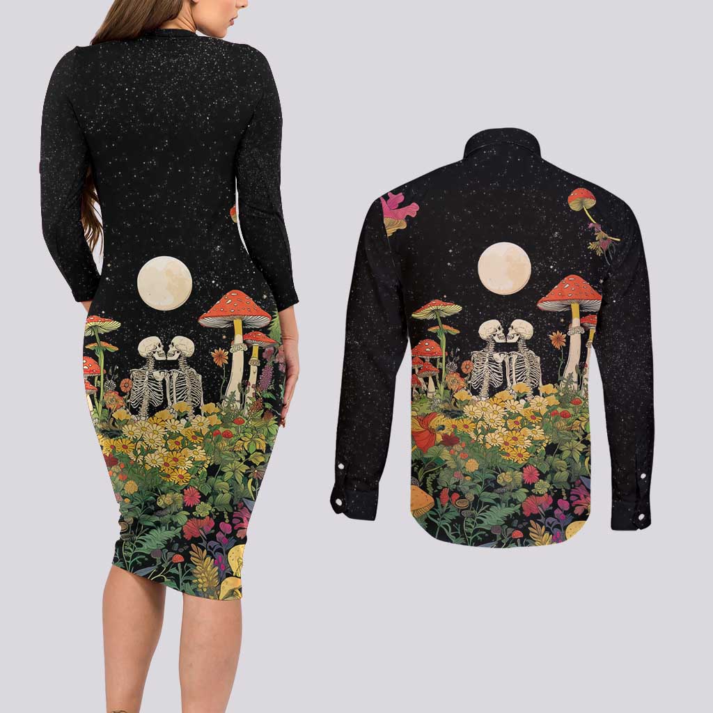 Skeleton Lovers Couples Matching Long Sleeve Bodycon Dress and Long Sleeve Button Shirt Hippie Gothic Aesthetic - Wonder Print Shop