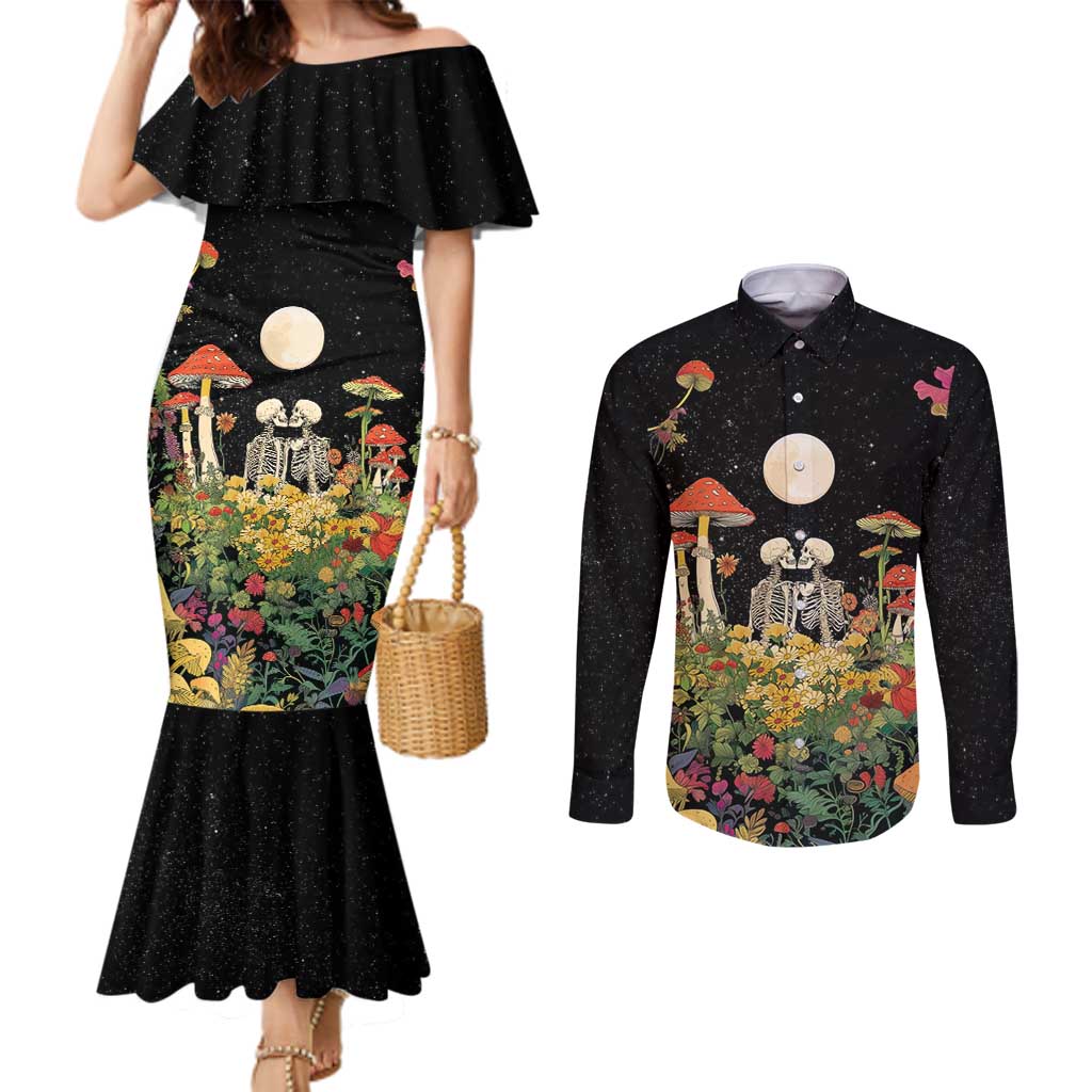 Skeleton Lovers Couples Matching Mermaid Dress and Long Sleeve Button Shirt Hippie Gothic Aesthetic - Wonder Print Shop