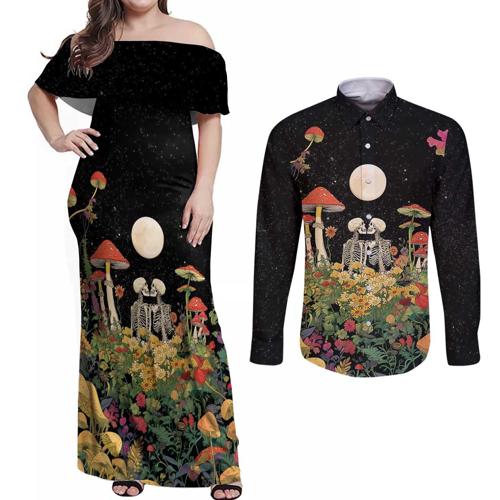 Skeleton Lovers Couples Matching Off Shoulder Maxi Dress and Long Sleeve Button Shirt Hippie Gothic Aesthetic - Wonder Print Shop