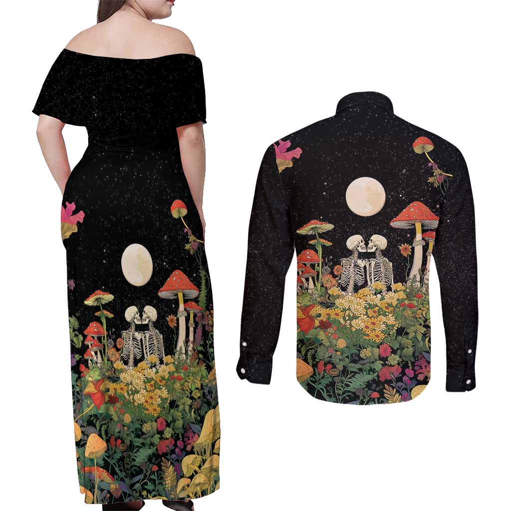 Skeleton Lovers Couples Matching Off Shoulder Maxi Dress and Long Sleeve Button Shirt Hippie Gothic Aesthetic - Wonder Print Shop