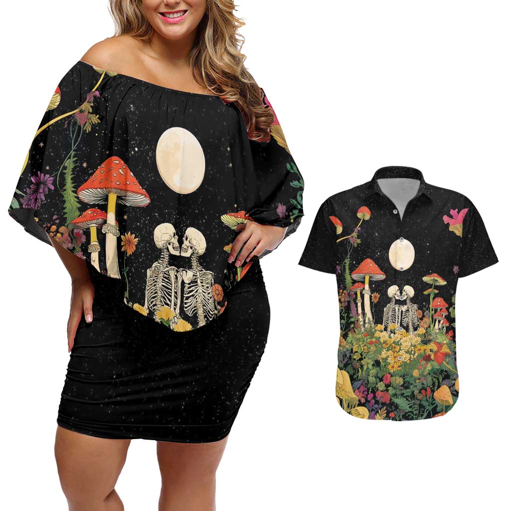 Skeleton Lovers Couples Matching Off Shoulder Short Dress and Hawaiian Shirt Hippie Gothic Aesthetic - Wonder Print Shop