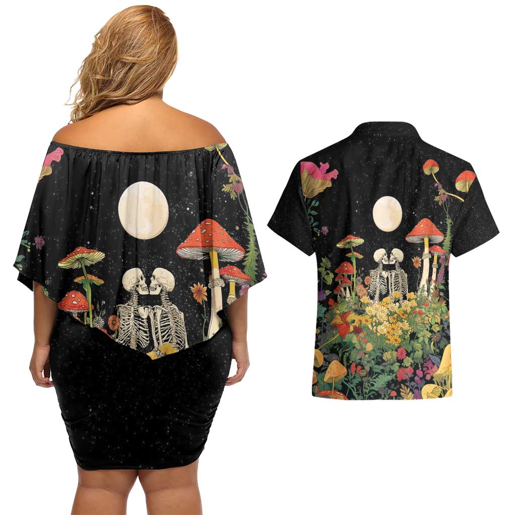 Skeleton Lovers Couples Matching Off Shoulder Short Dress and Hawaiian Shirt Hippie Gothic Aesthetic - Wonder Print Shop