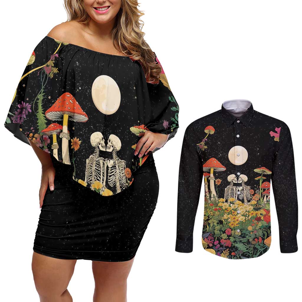 Skeleton Lovers Couples Matching Off Shoulder Short Dress and Long Sleeve Button Shirt Hippie Gothic Aesthetic - Wonder Print Shop