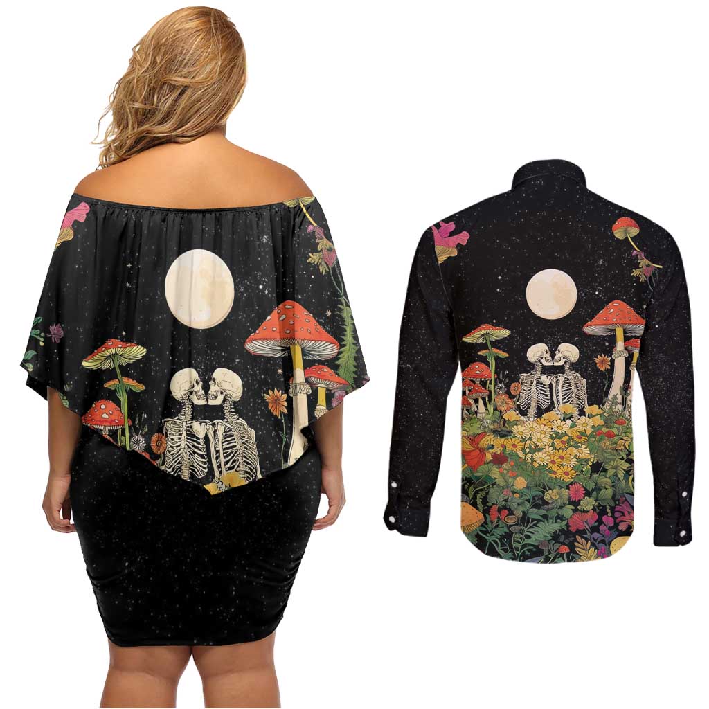Skeleton Lovers Couples Matching Off Shoulder Short Dress and Long Sleeve Button Shirt Hippie Gothic Aesthetic - Wonder Print Shop