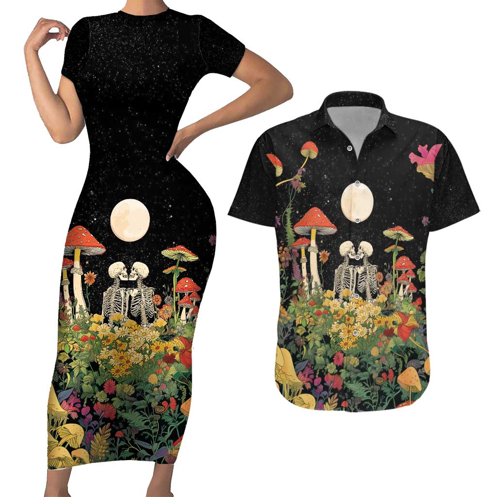 Skeleton Lovers Couples Matching Short Sleeve Bodycon Dress and Hawaiian Shirt Hippie Gothic Aesthetic - Wonder Print Shop