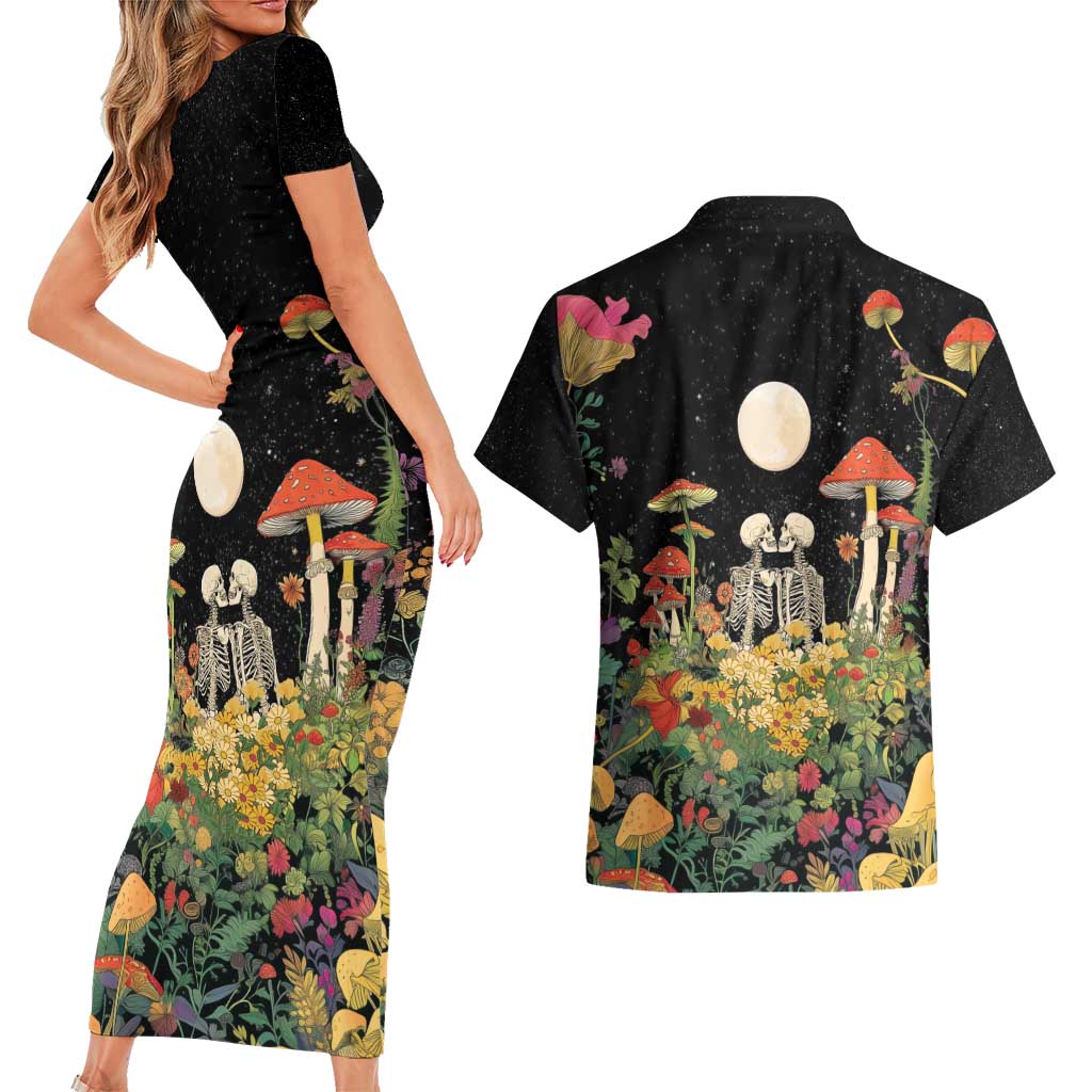 Skeleton Lovers Couples Matching Short Sleeve Bodycon Dress and Hawaiian Shirt Hippie Gothic Aesthetic - Wonder Print Shop
